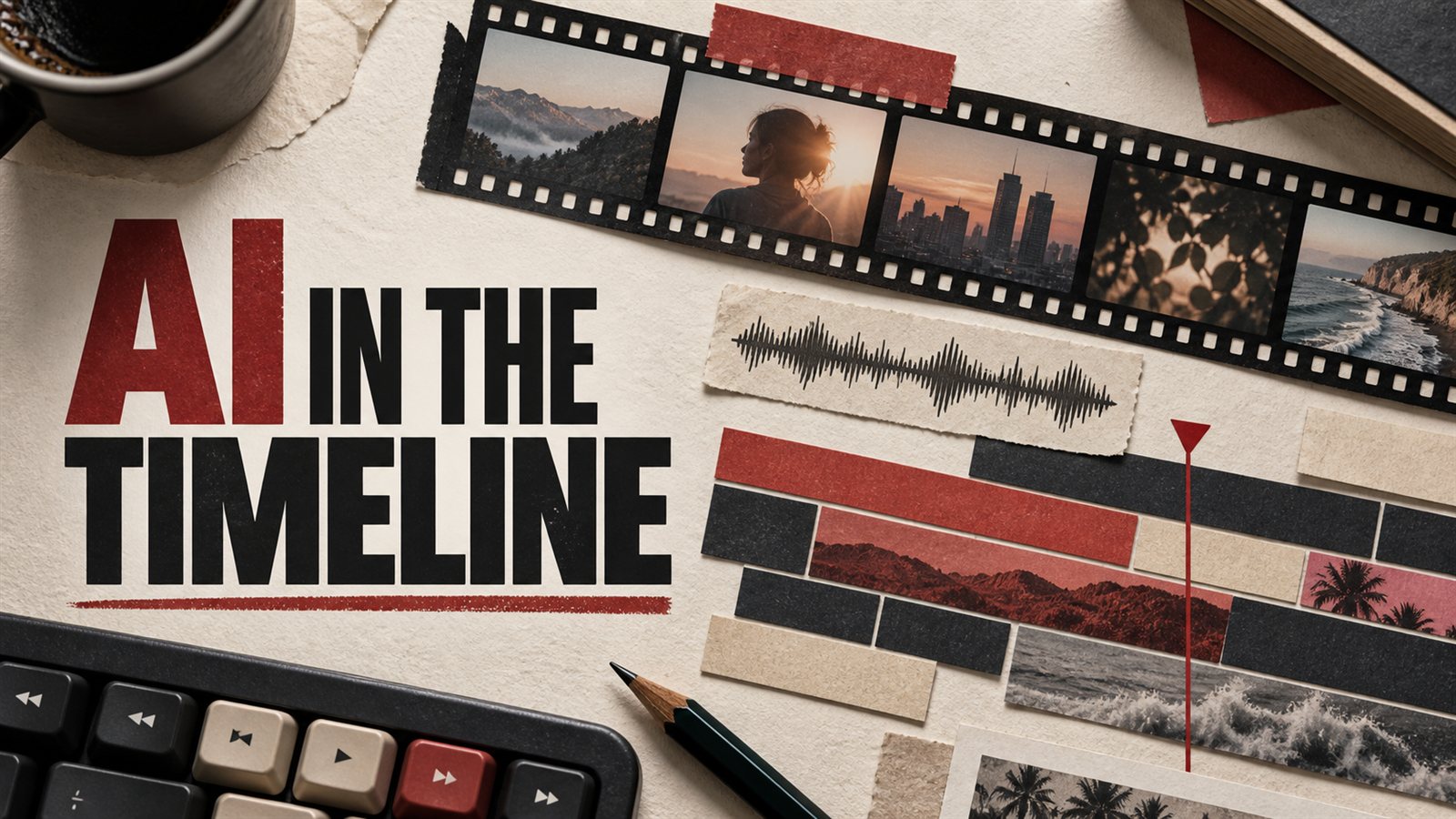 Editorial paper collage of a filmstrip, audio waveform and timeline strips with the headline AI in the Timeline.