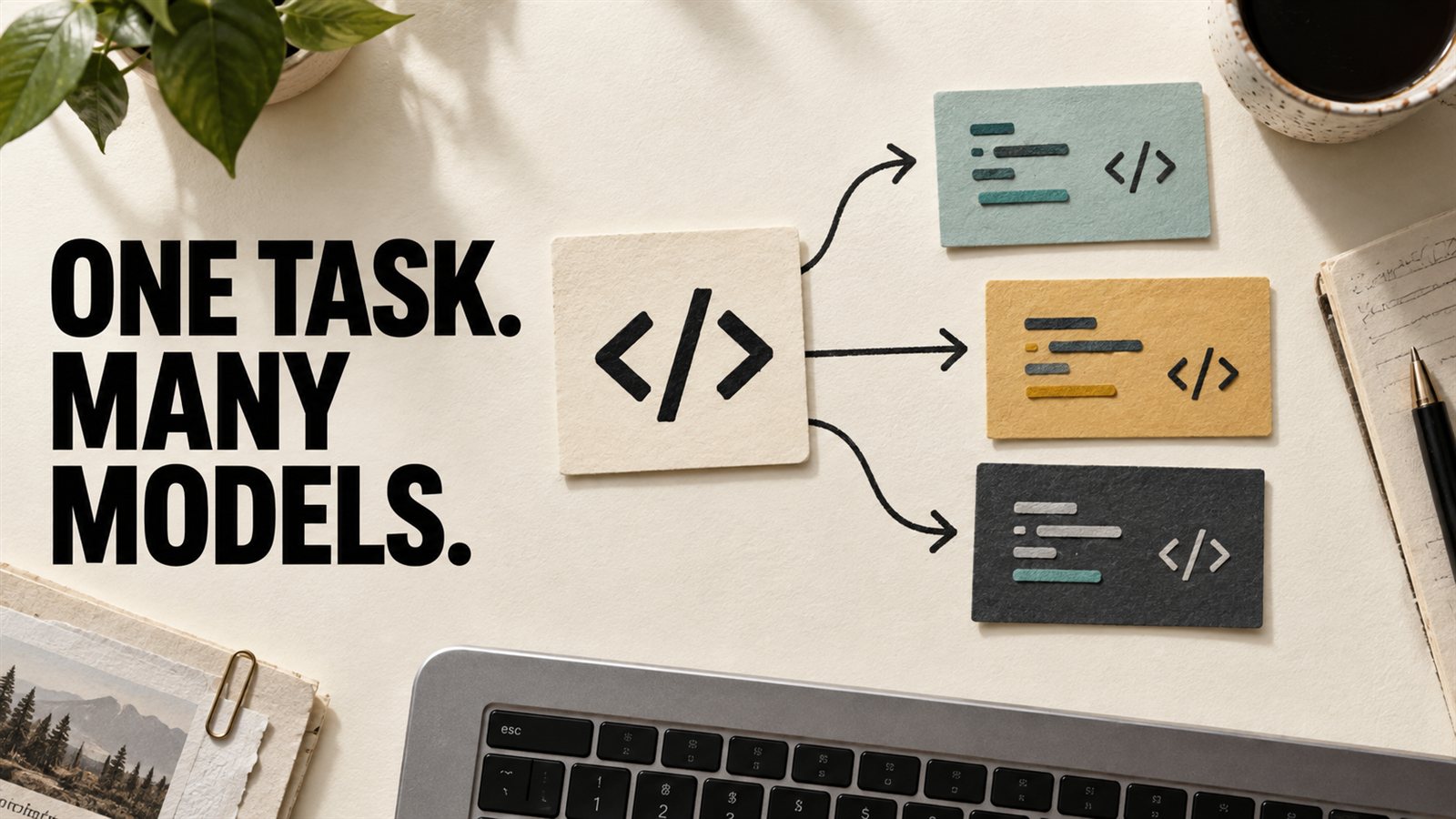 Editorial collage showing a coding task connected to three model cards with the headline One Task. Many Models.