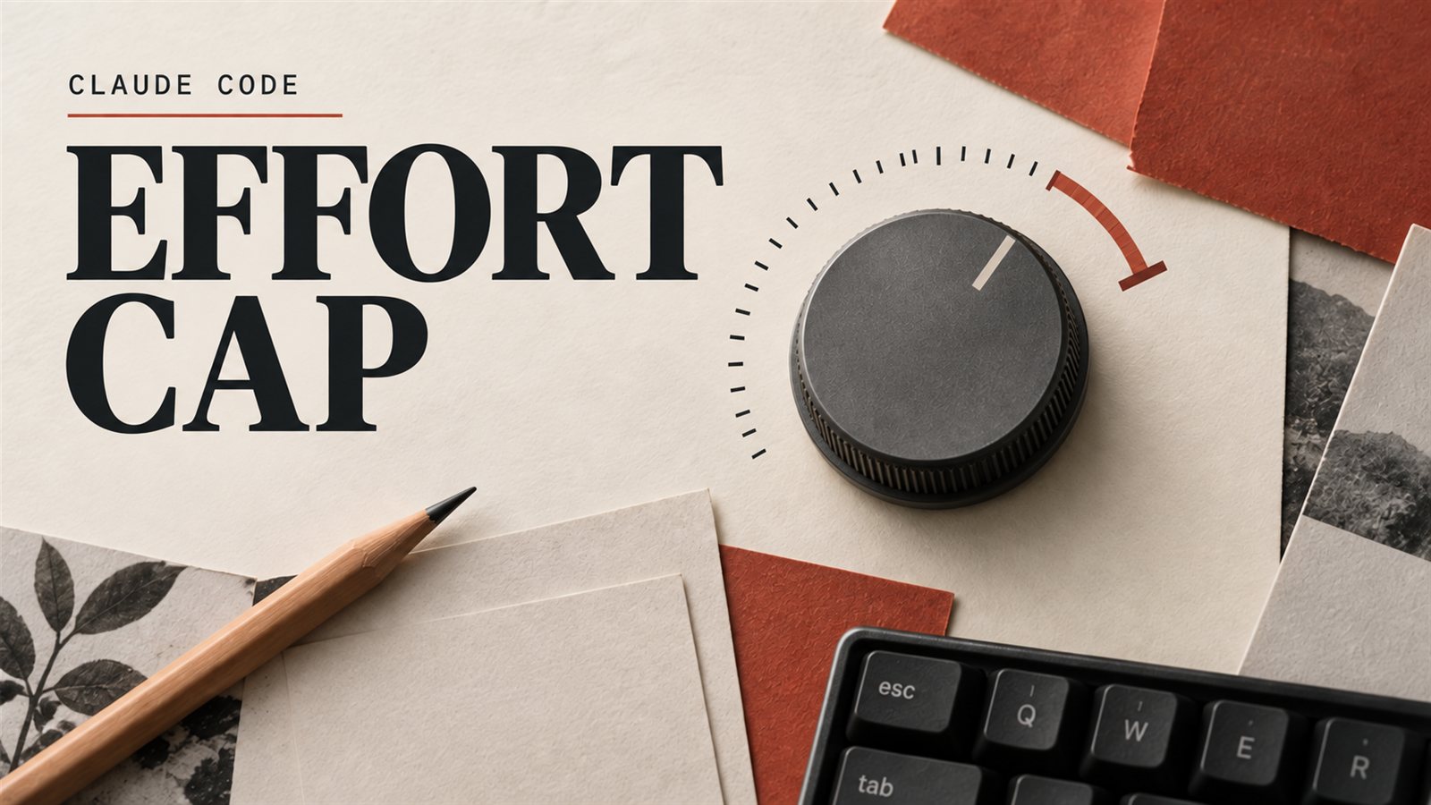 Editorial illustration of a control dial with an upper stop, blank paper and a keyboard, headed Effort Cap: Claude Code.