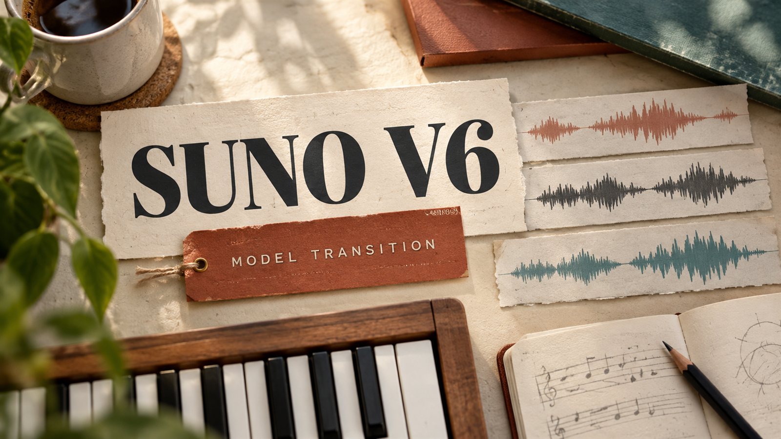 Editorial collage of paper audio tracks and a music keyboard, headed Suno V6: Model Transition.