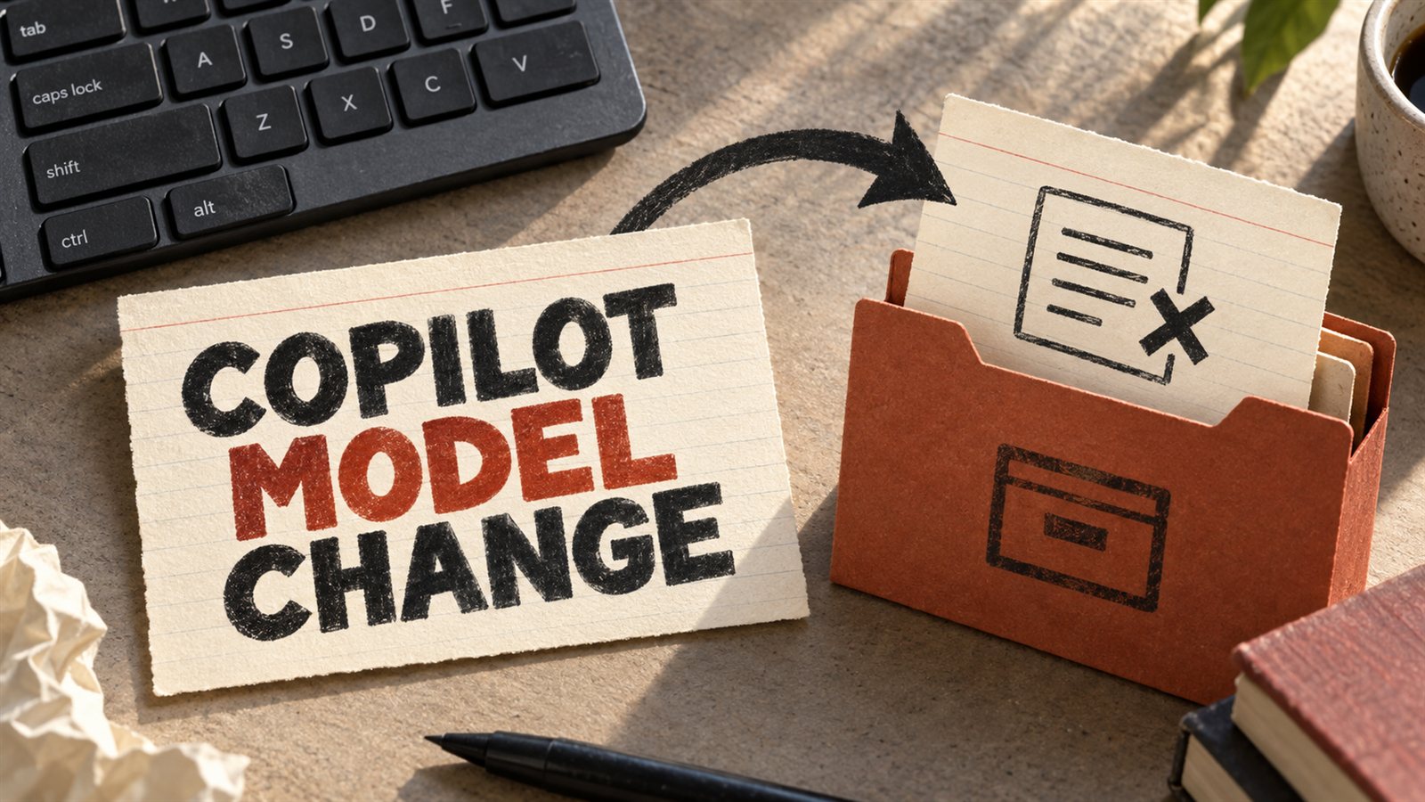 Editorial illustration of an index card headed Copilot Model Change beside an archive folder and keyboard.