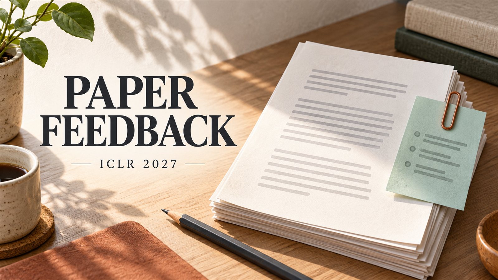 Editorial illustration of a manuscript with a separate feedback note, headed Paper Feedback: ICLR 2027.