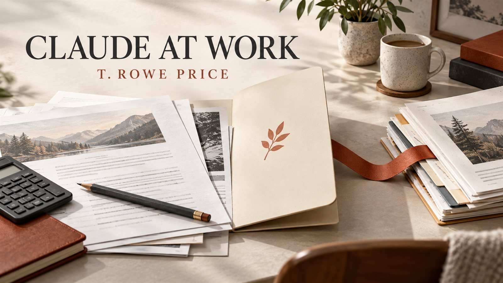 Editorial illustration of documents, a folder, calculator and pencil on a desk, headed Claude at Work: T. Rowe Price.