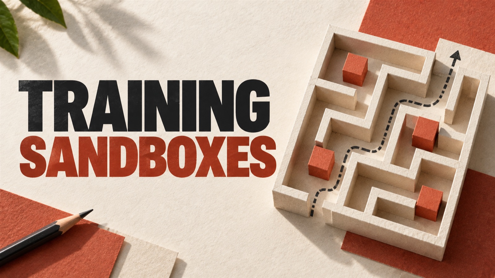 TRAINING SANDBOXES — editorial illustration: A small tactile paper maze with rust-red checkpoint blocks.