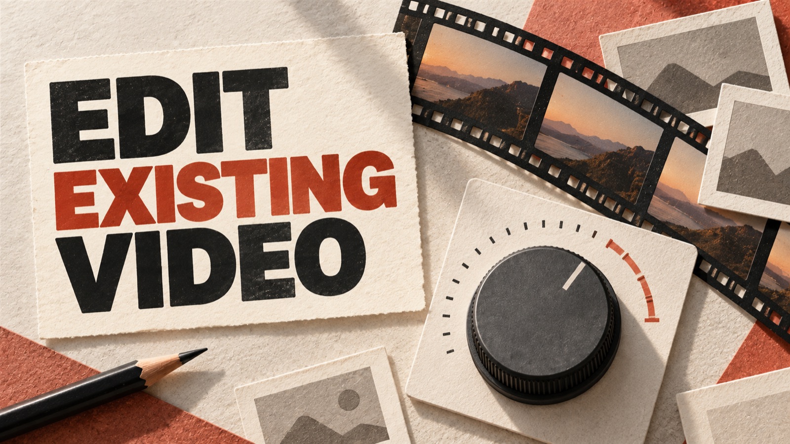 EDIT EXISTING VIDEO — editorial illustration: A film strip, physical editing dial and paper frames.