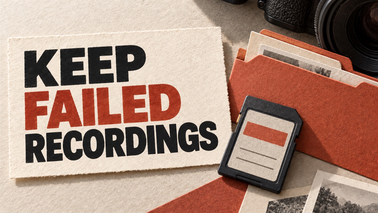 KEEP FAILED RECORDINGS — editorial illustration: A memory card, camera corner and retained file folder.