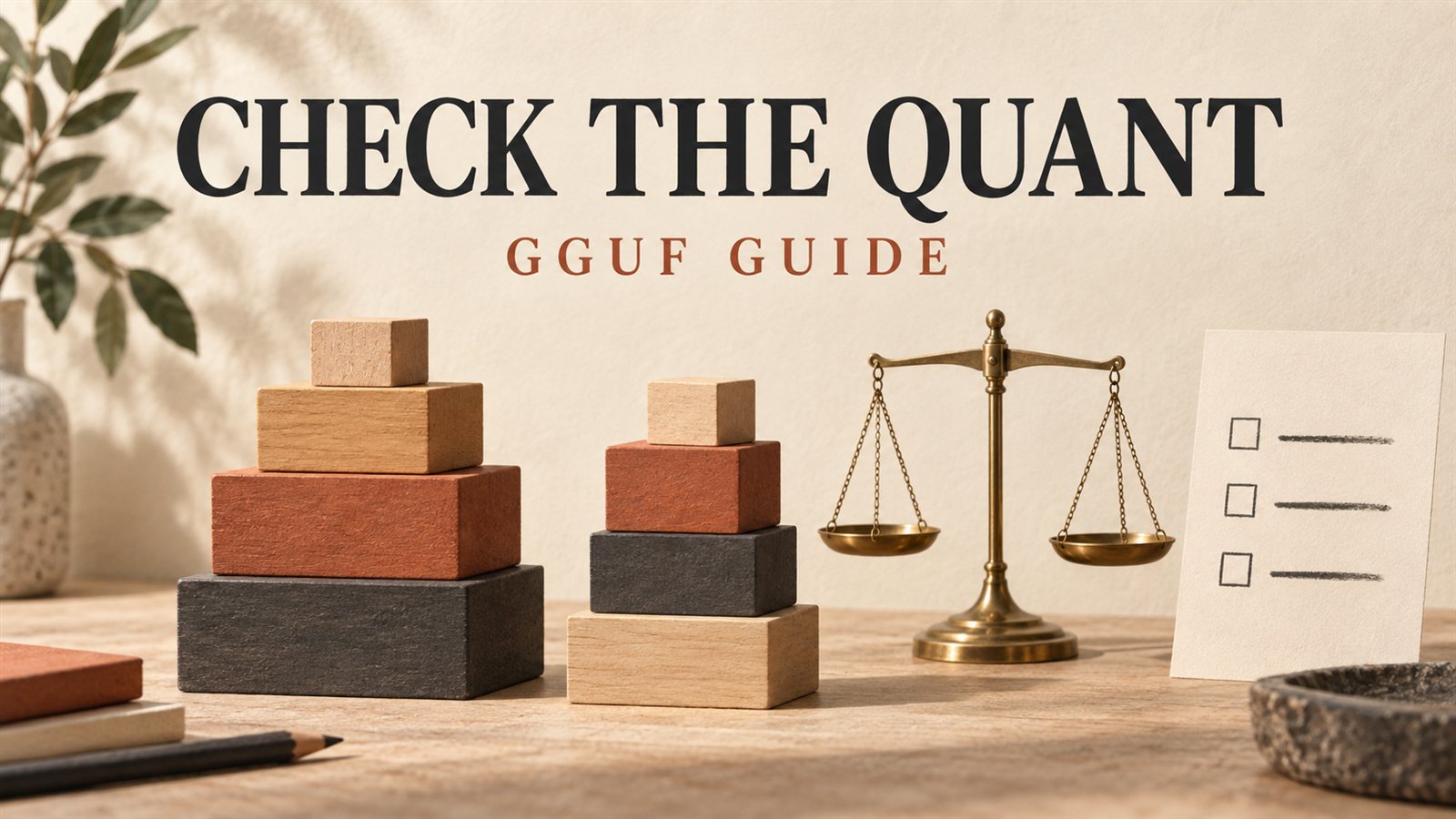 Editorial illustration of wooden block stacks, a brass balance and checklist, headed Check the Quant: GGUF Guide.