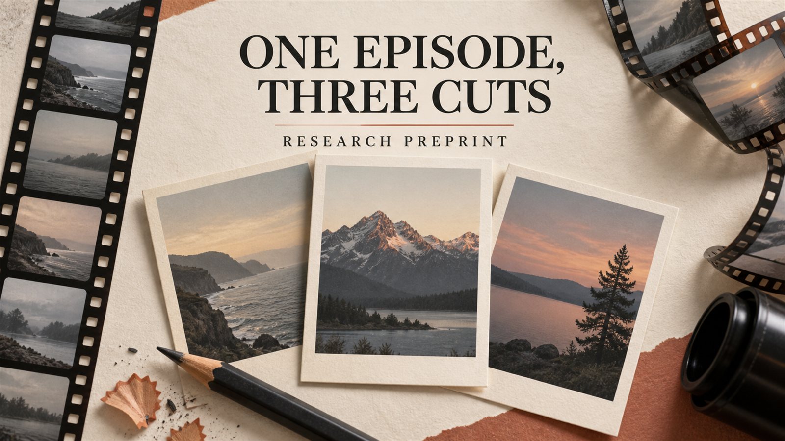 Editorial collage of film strips and three landscape cards, headed One Episode, Three Cuts: Research Preprint.