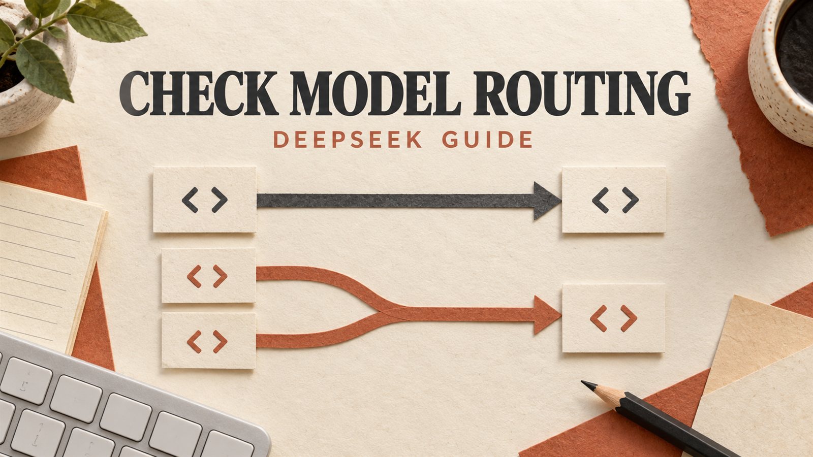 Editorial paper collage of code cards linked by straight and merging arrows, headed Check Model Routing: DeepSeek Guide.