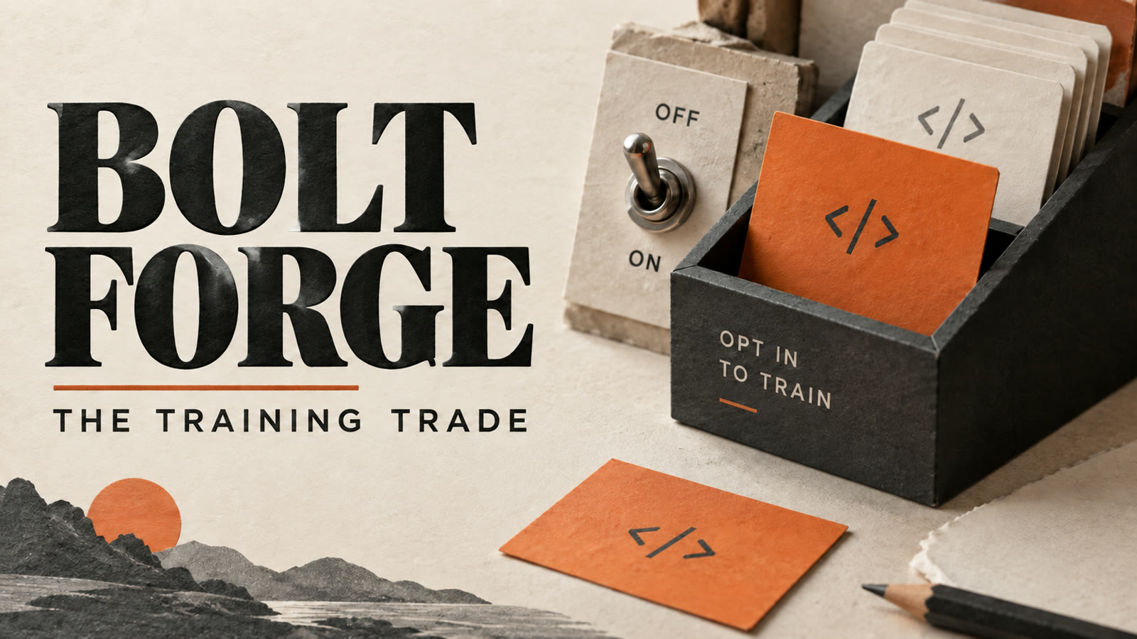 Editorial paper collage of code cards and an opt-in switch, headed Bolt Forge: The Training Trade.