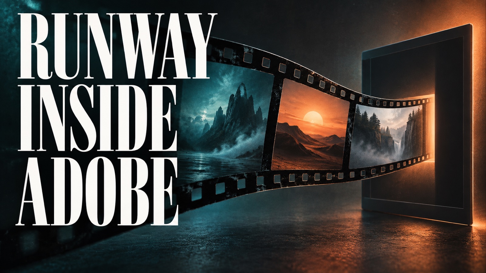 RUNWAY INSIDE ADOBE — conceptual filmstrip and editing-panel silhouette in teal and orange.