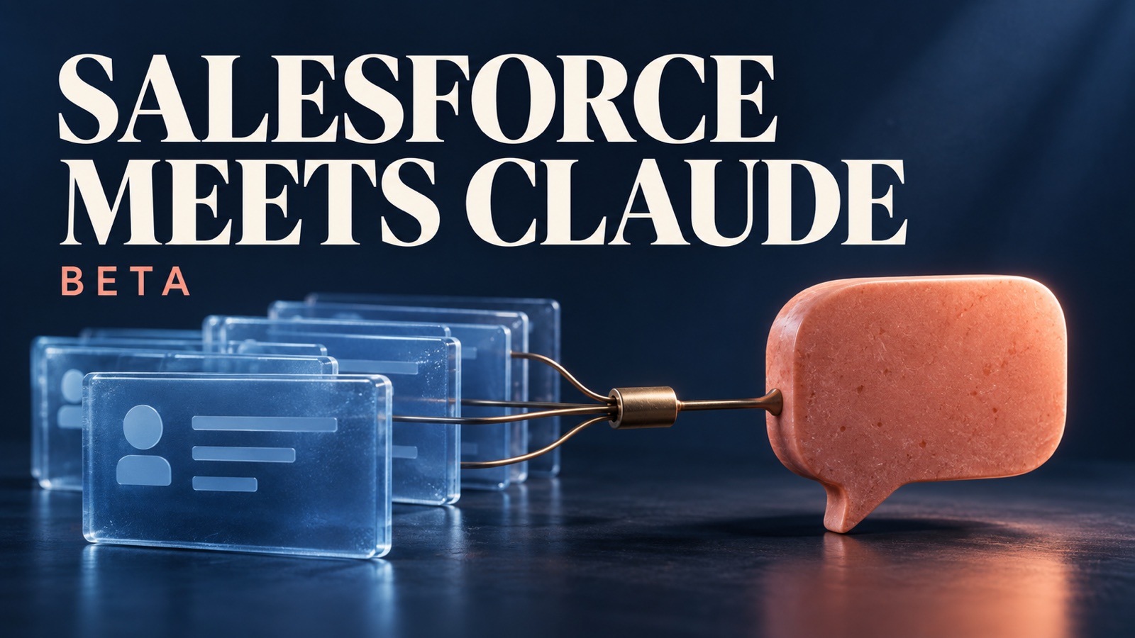 SALESFORCE MEETS CLAUDE — BETA: conceptual blue glass record cards connected to a coral speech bubble.