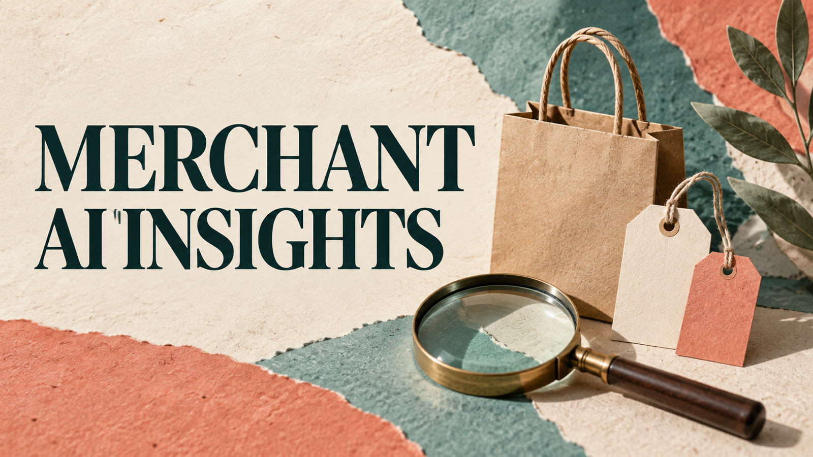 Conceptual shopping bag, blank product tags and magnifying glass, headed Merchant AI Insights.
