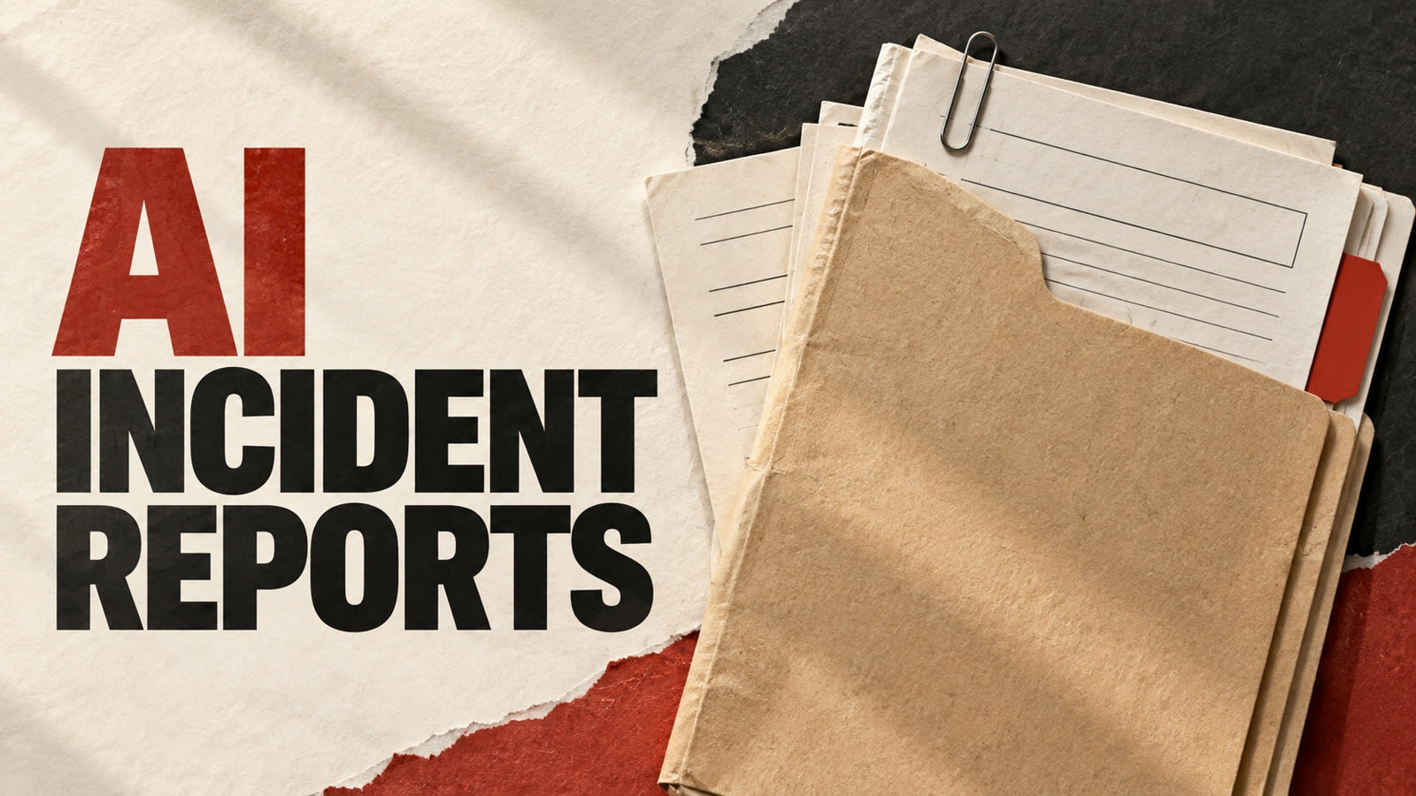 Conceptual paper collage of report cards in an archive folder, headed AI Incident Reports.