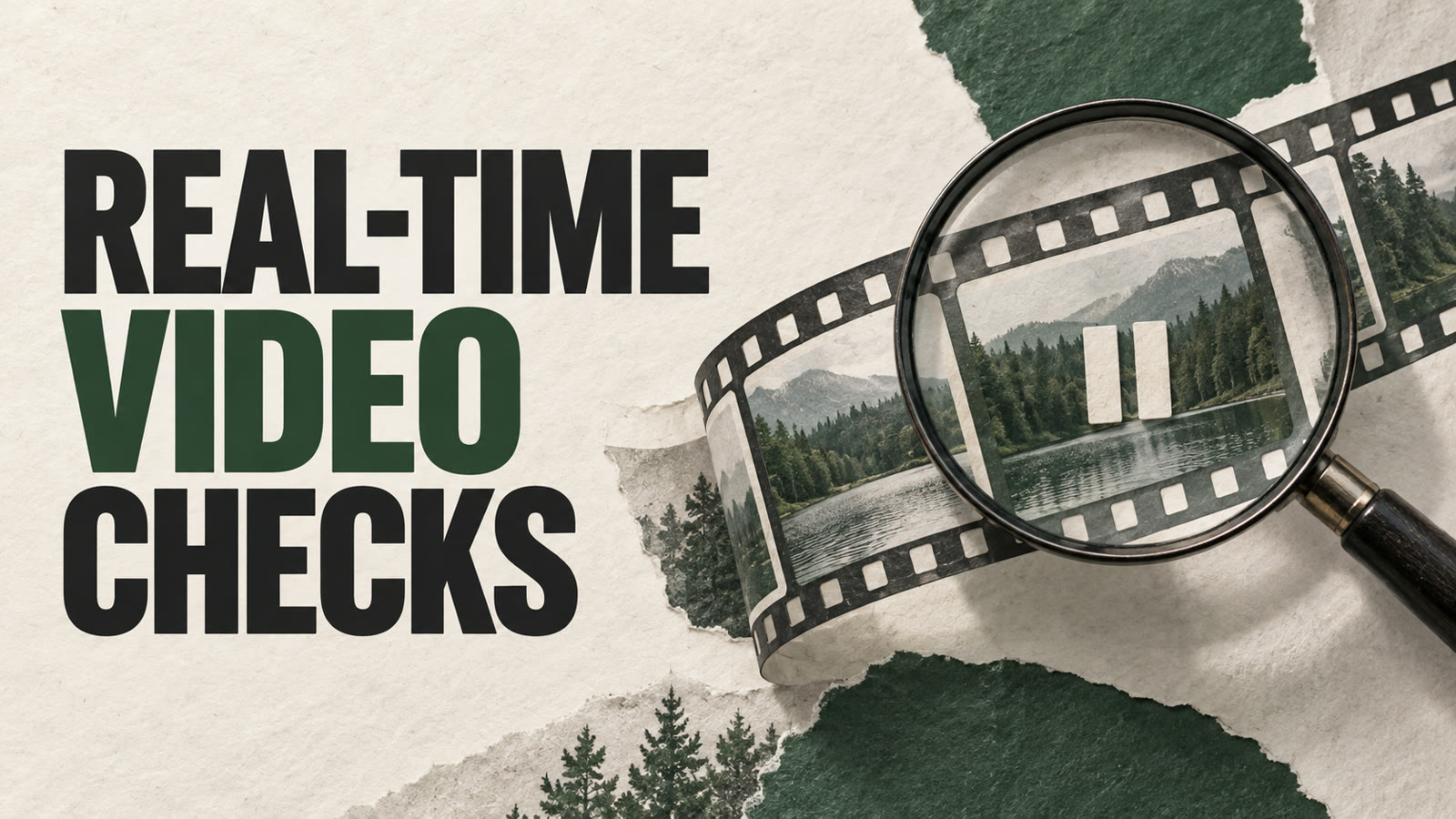 Conceptual filmstrip beneath a magnifying glass and pause symbol, headed Real-Time Video Checks.