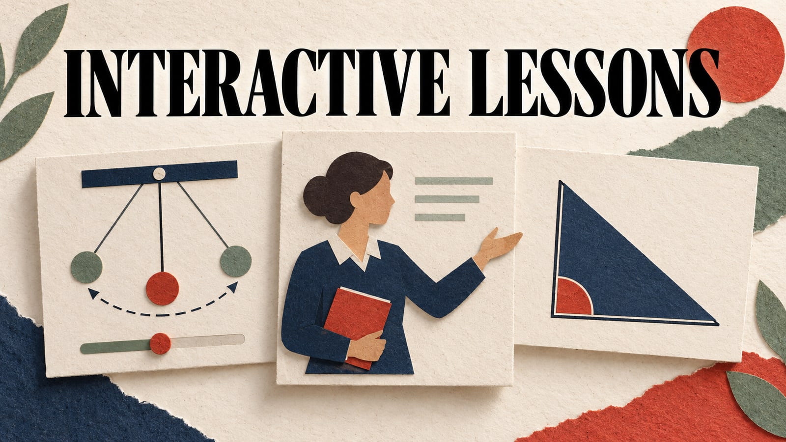 Conceptual paper teacher and adjustable pendulum and geometry diagrams, headed Interactive Lessons.