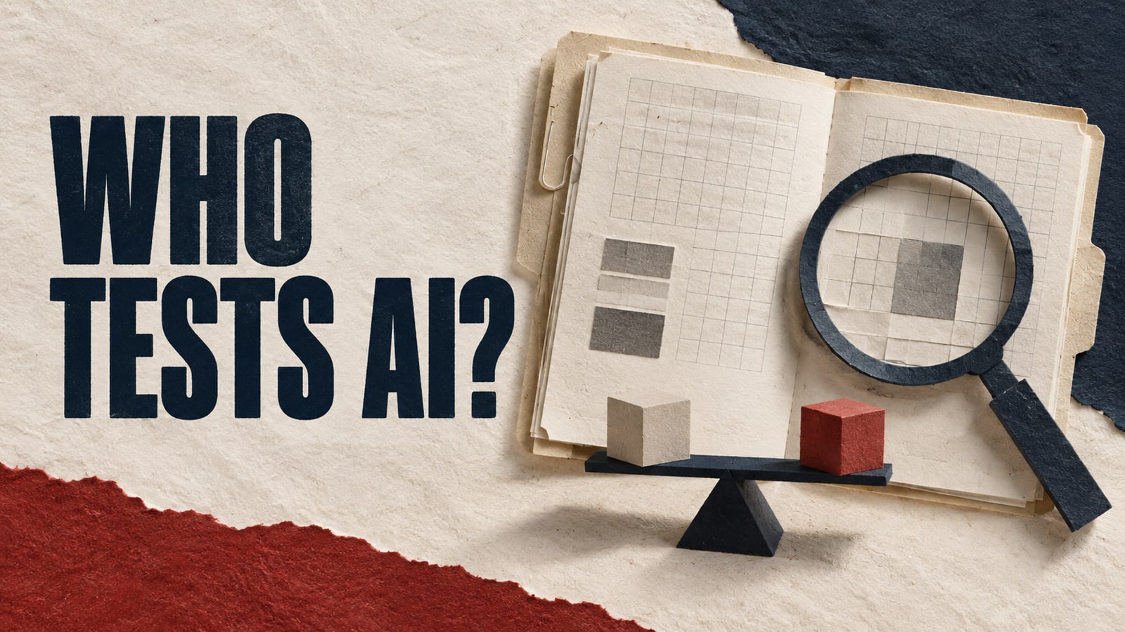 Conceptual paper test dossier, magnifying glass and balance, headed Who Tests AI?
