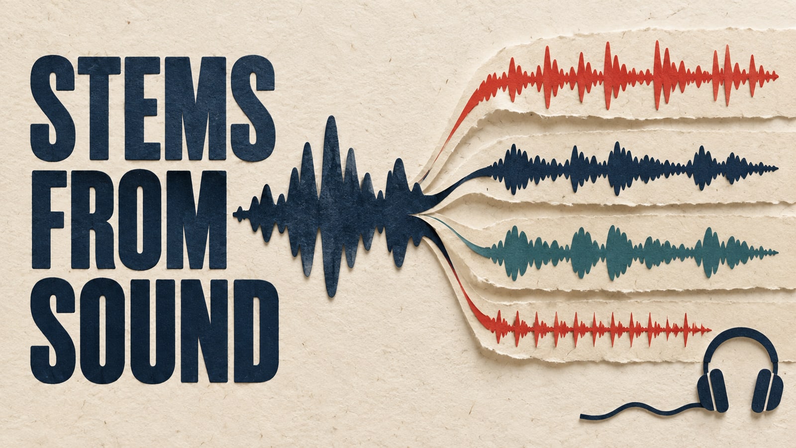 Conceptual paper audio waveform splitting into four separate tracks, headed Stems from Sound.
