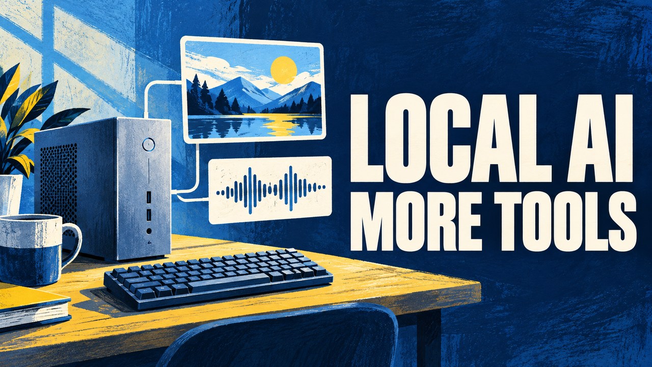 Painted local computer with image and audio cards, headed LOCAL AI MORE TOOLS.