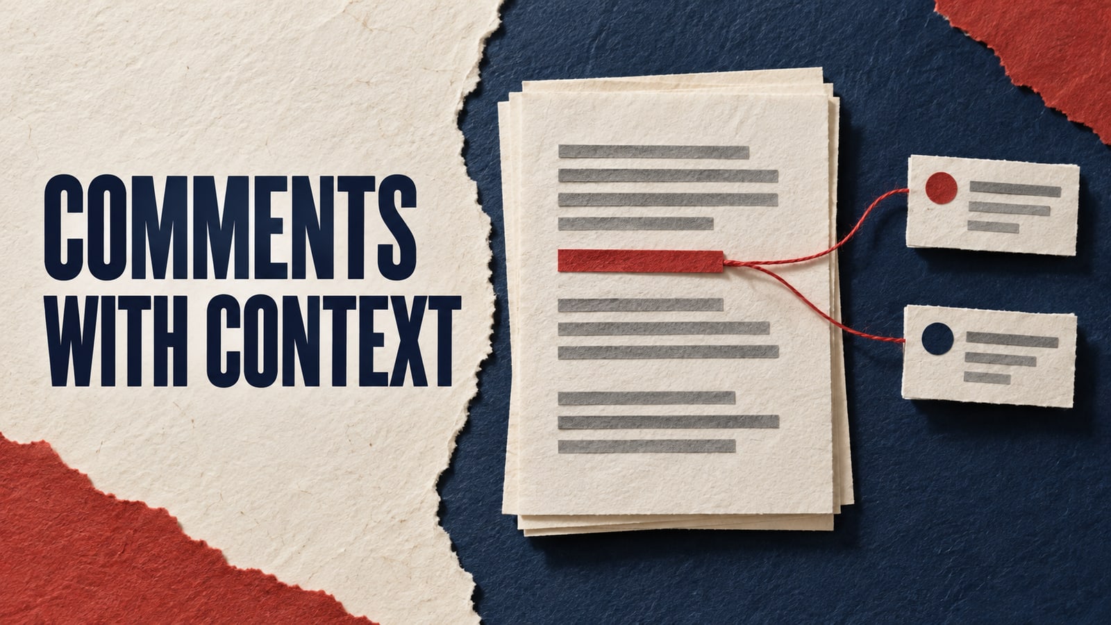 Conceptual paper document with a highlighted excerpt connected to comment cards, headed Comments with Context.