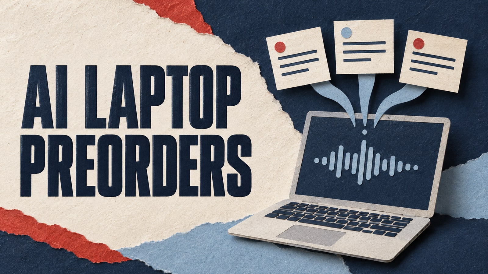 Conceptual paper laptop with a voice waveform leading to note cards, headed AI Laptop Preorders.