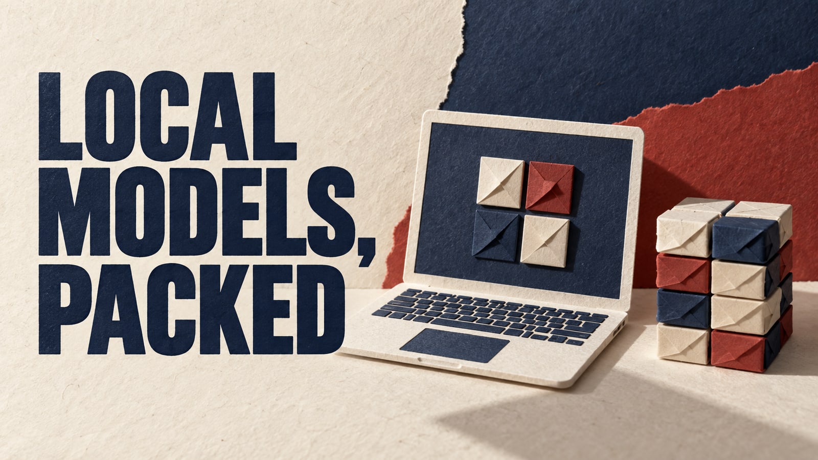 Conceptual paper laptop and stacked model tiles, headed Local Models, Packed.