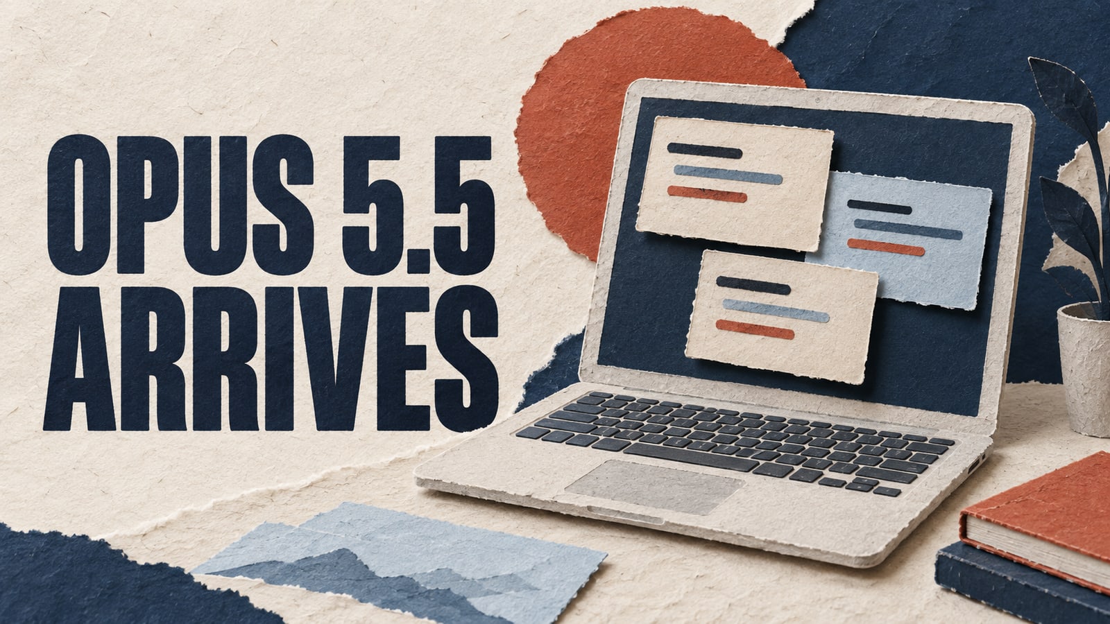 Paper laptop and layered cards beneath the headline Opus 5.5 Arrives.