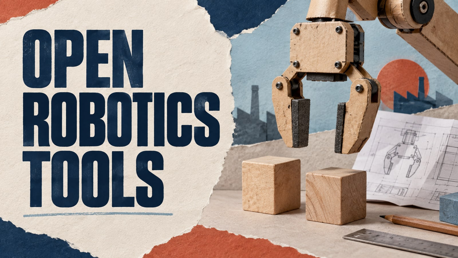 Conceptual cardboard industrial gripper, blocks and engineering plans, headed Open Robotics Tools.