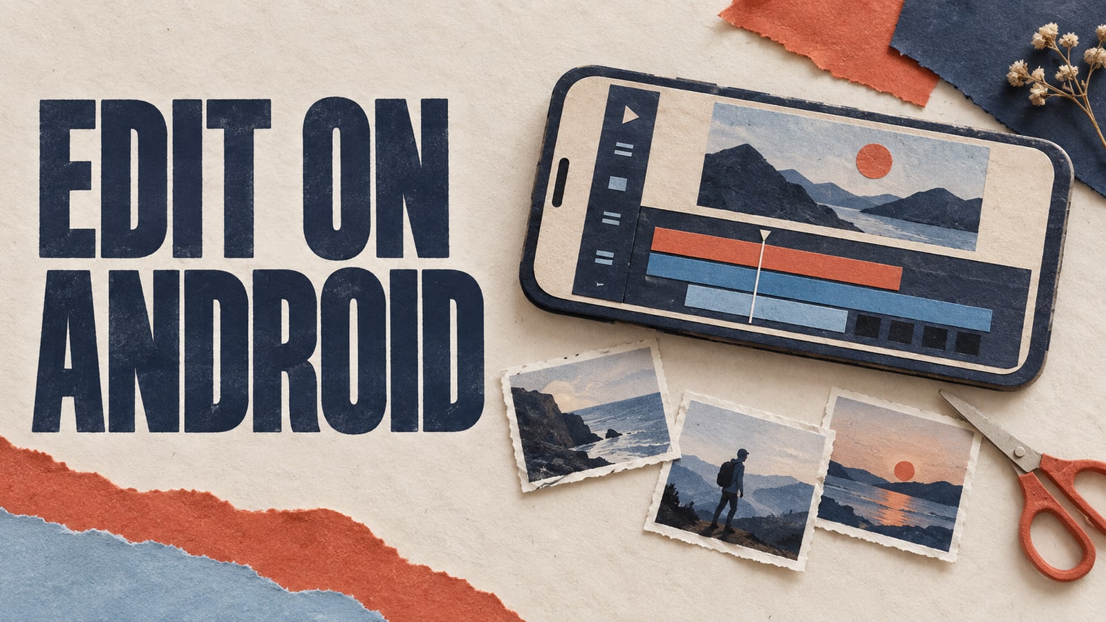 Conceptual paper smartphone editing timeline and video frames headed Edit on Android.