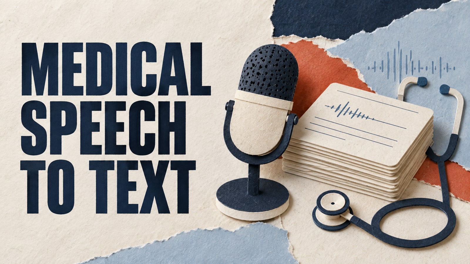 Paper microphone, transcription cards and stethoscope, headed Medical Speech to Text.
