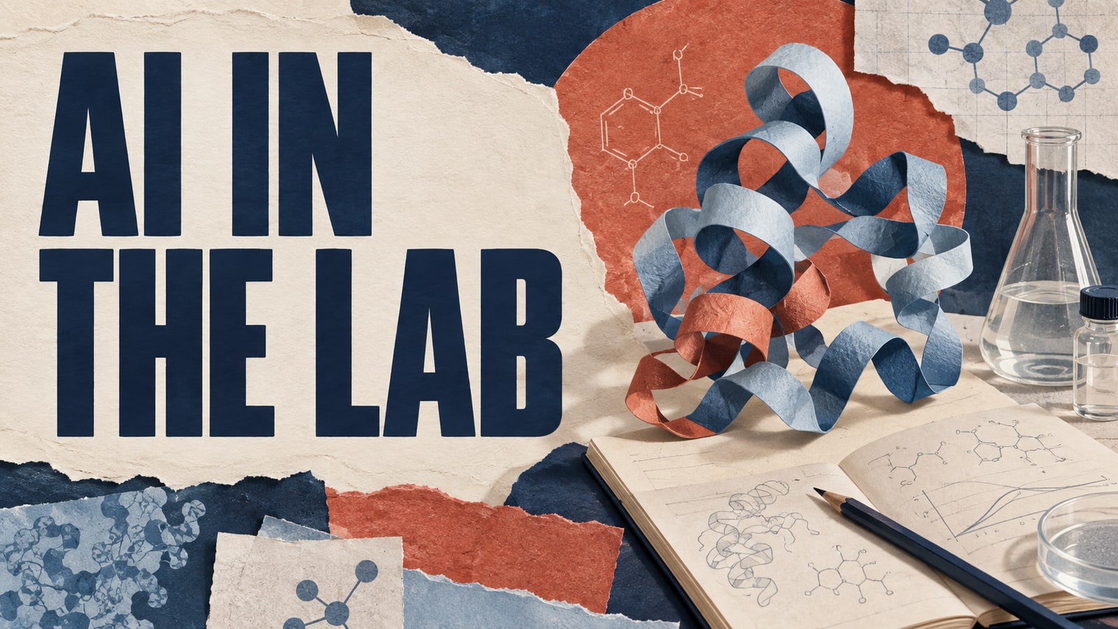 Conceptual paper protein ribbon, notebook and laboratory glassware, headed AI in the Lab.