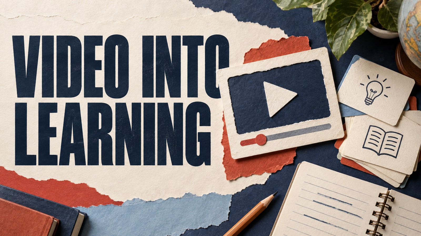 Conceptual paper video frame, flashcards and notebook, headed Video into Learning.