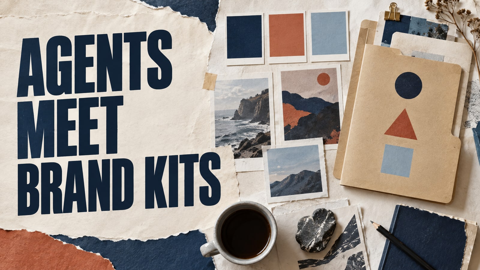 Paper color swatches, landscape reference cards and a folder, headed Agents Meet Brand Kits.