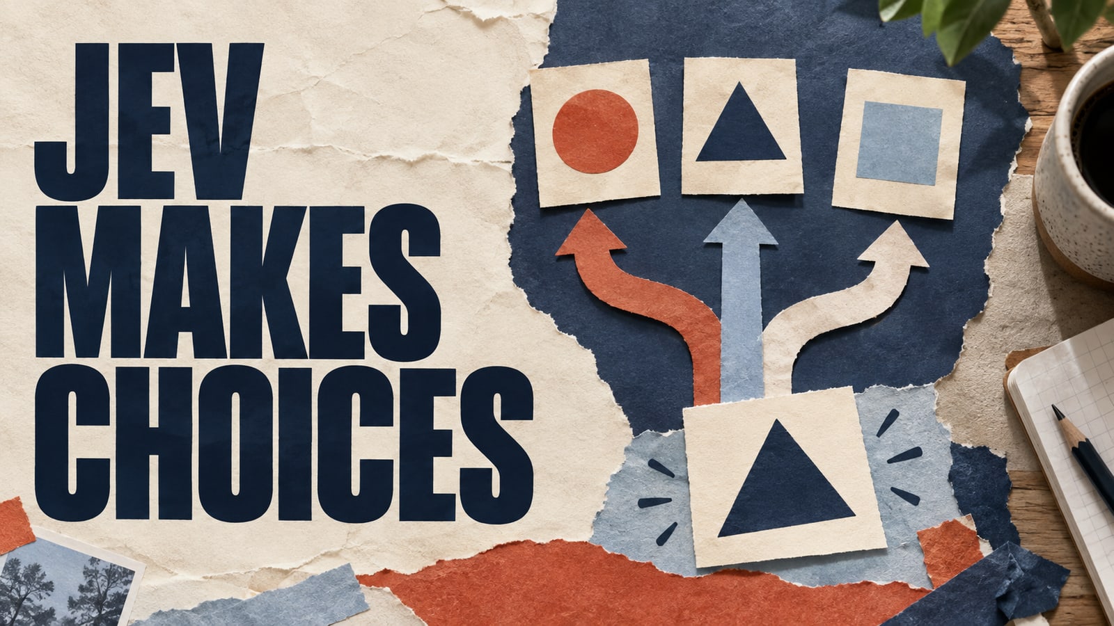 Paper choices linked by branching arrows with one selected card, headed Jev Makes Choices.