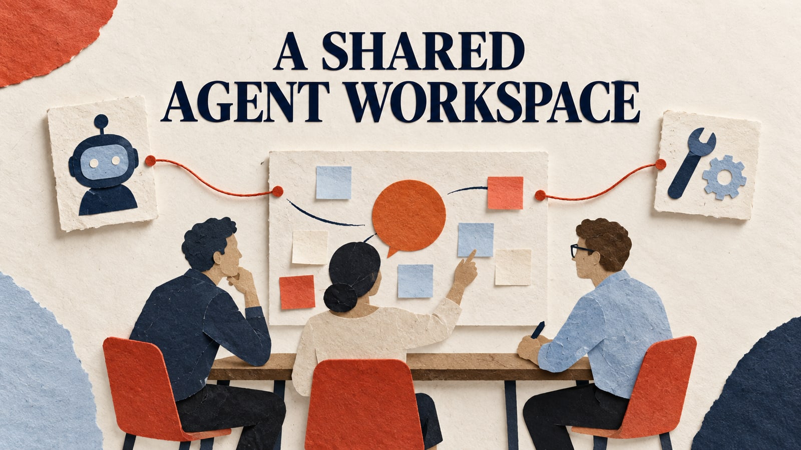 Editorial paper collage: a shared agent workspace.
