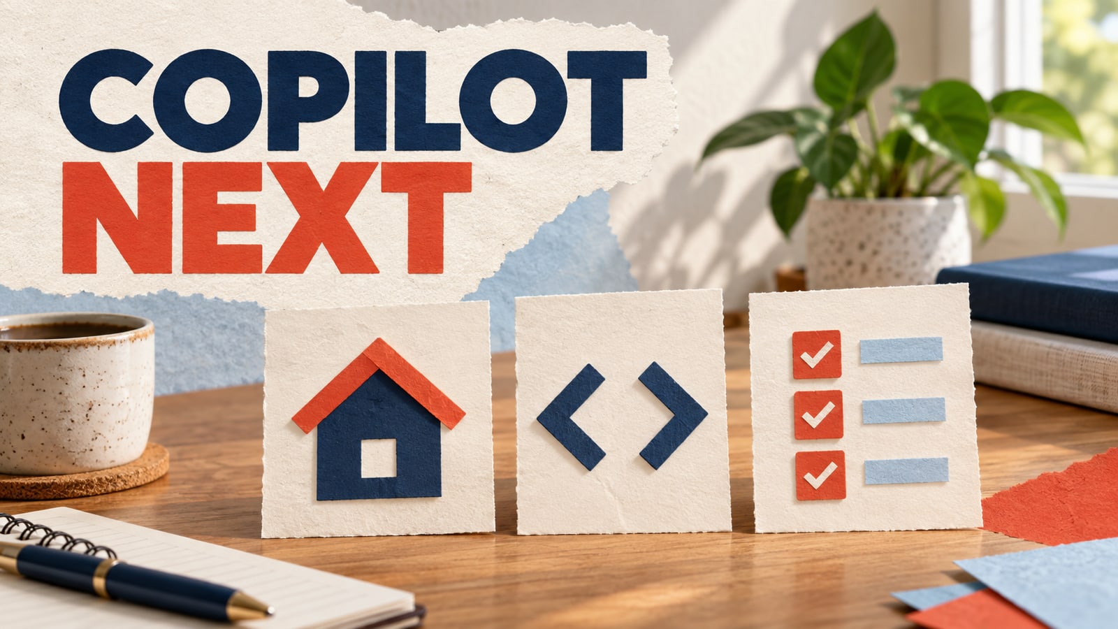 Conceptual editorial paper collage: copilot next.