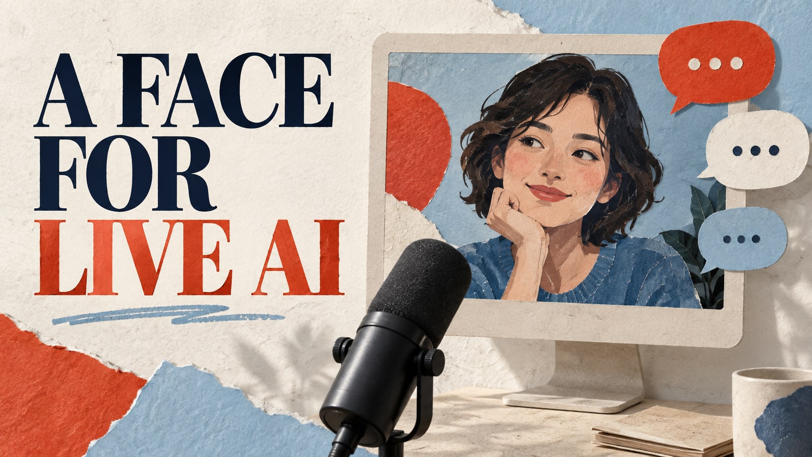Conceptual editorial paper collage: a face for live ai.