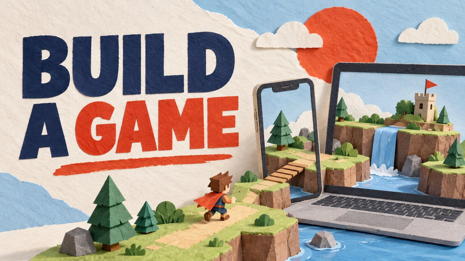 Conceptual editorial paper collage: build a game.