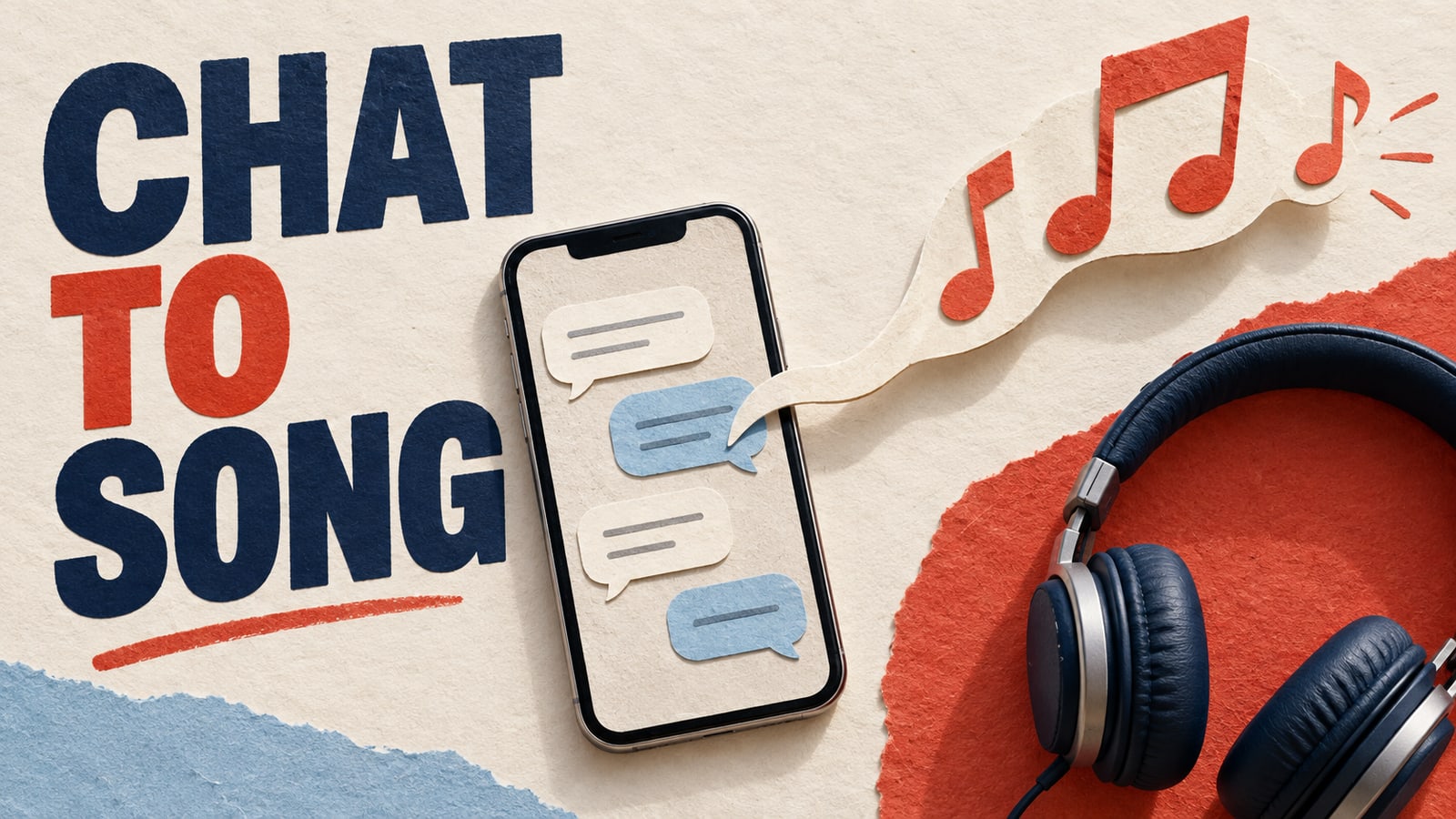 Conceptual editorial paper collage: chat to song.