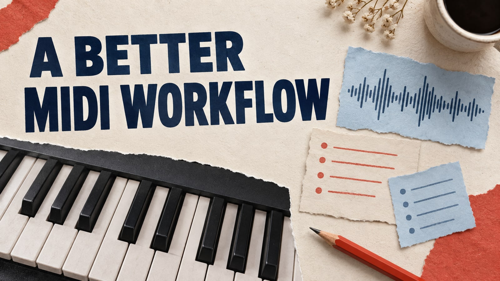 Conceptual paper collage of a keyboard and music workflow, with the headline A Better MIDI Workflow.