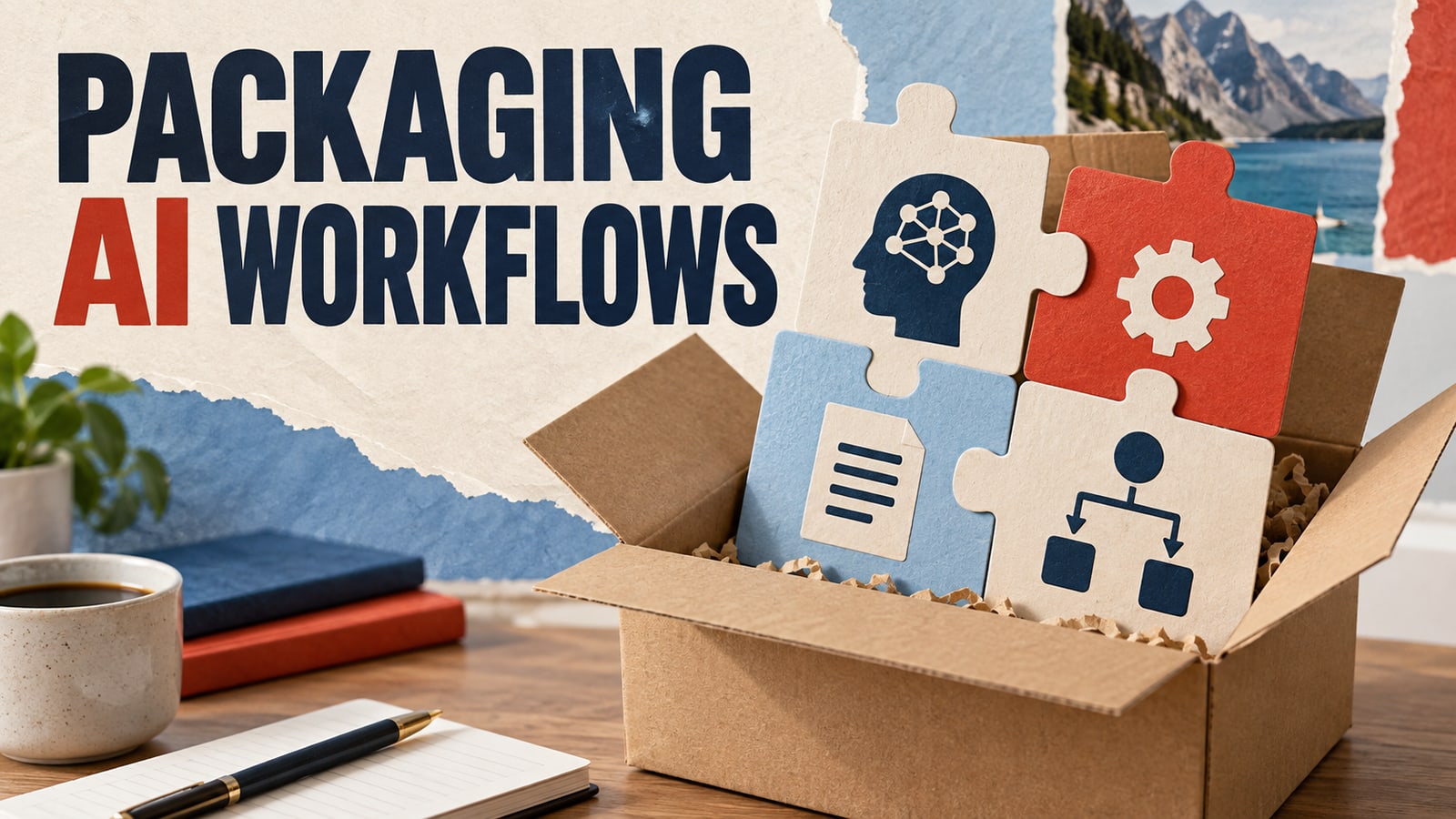 Conceptual editorial paper collage: packaging ai workflows.