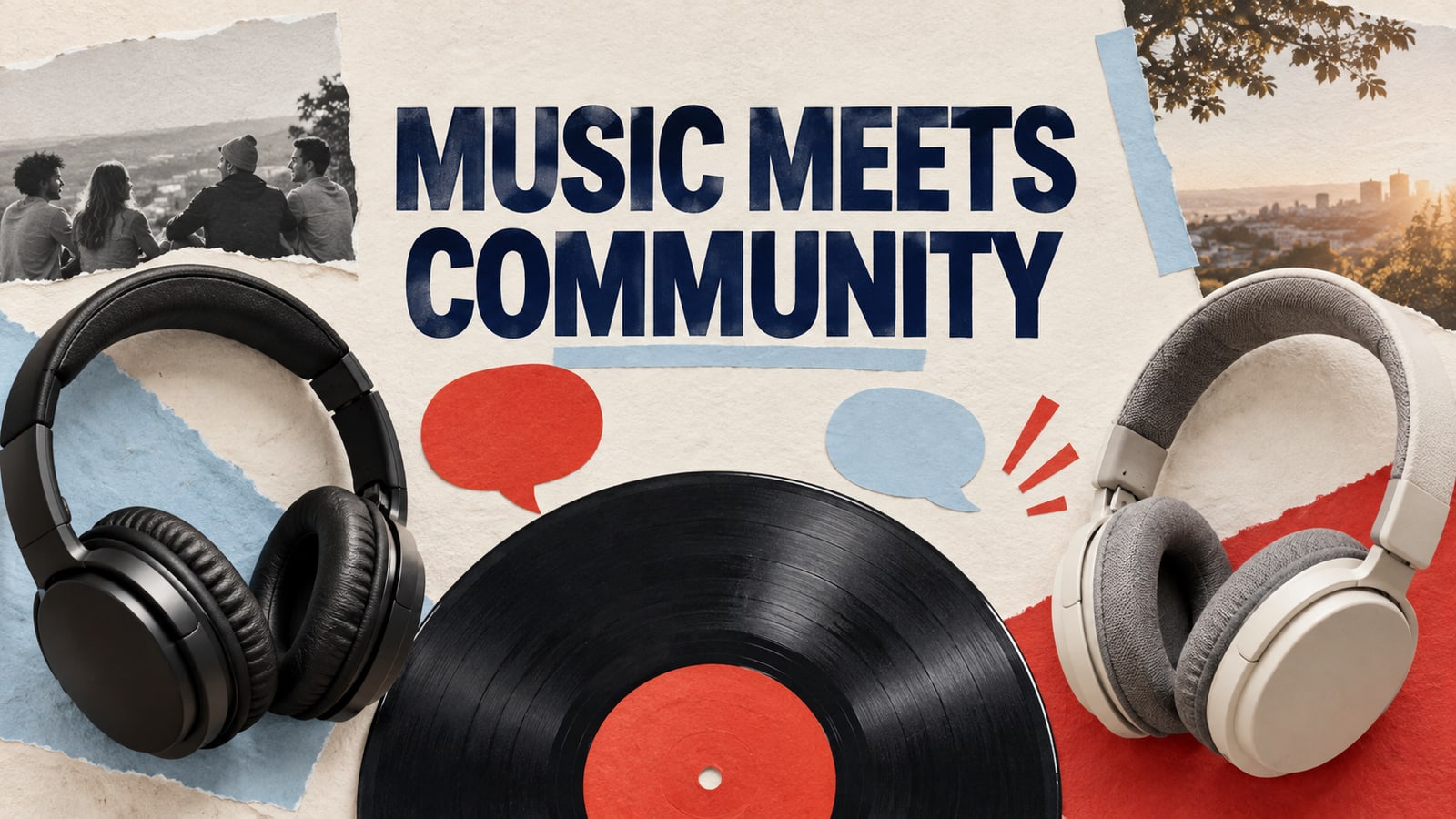 Conceptual editorial paper collage: music meets community.