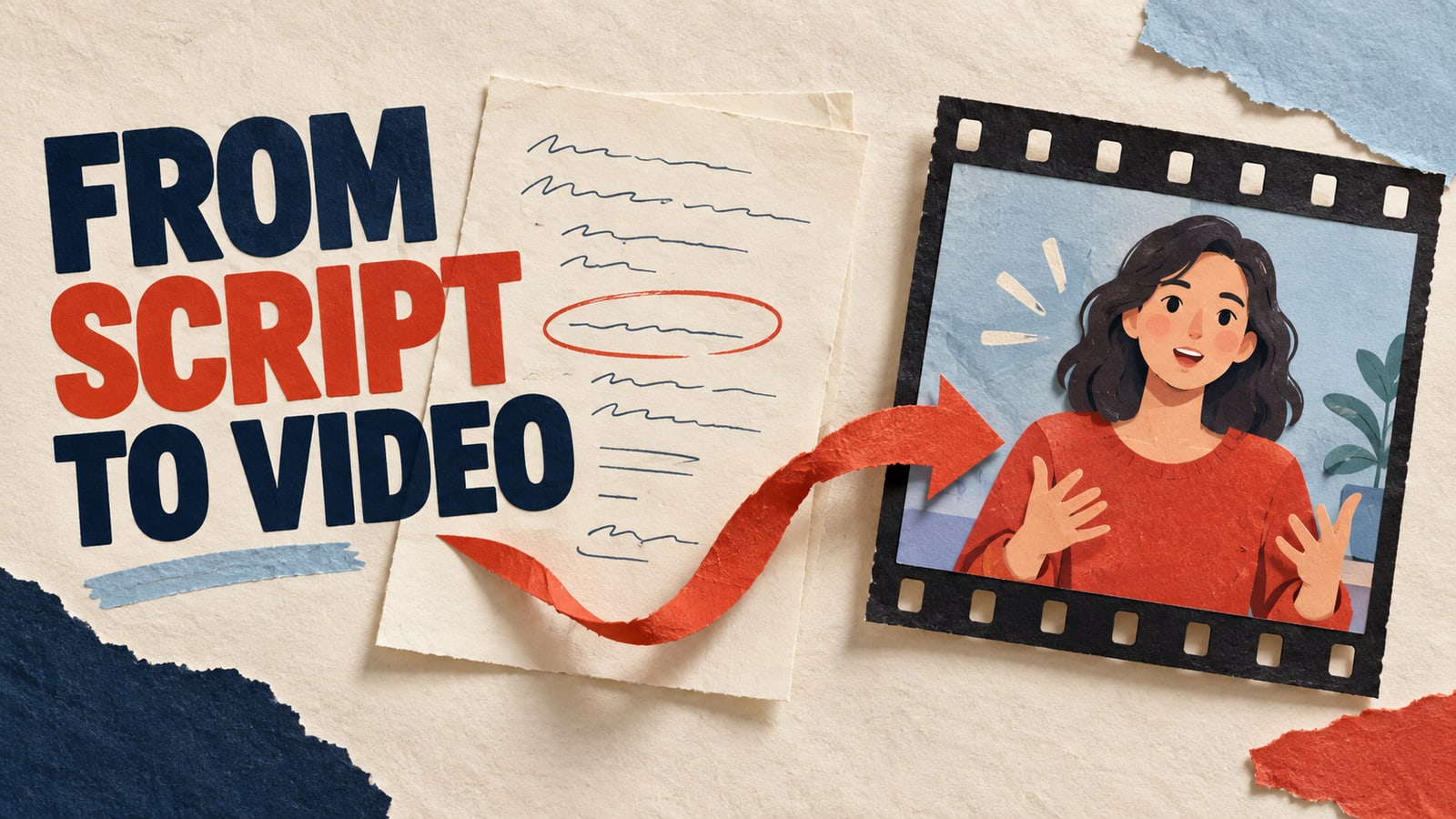 Conceptual editorial paper collage: from script to video.