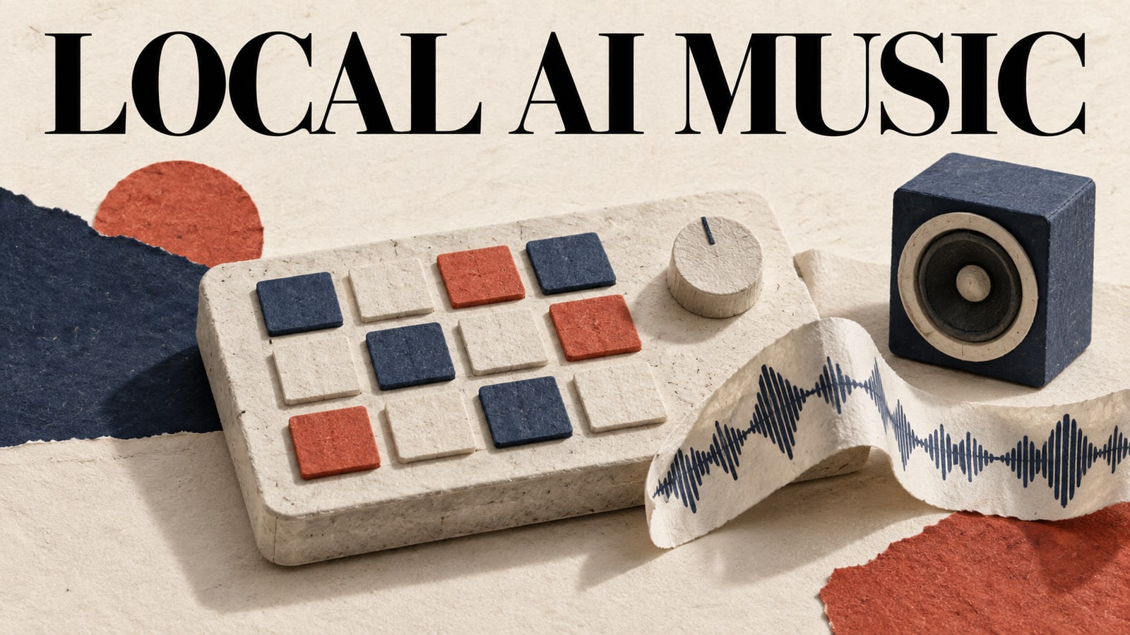 Conceptual paper collage of a music sampler, tactile pads and cut-paper sound waves.