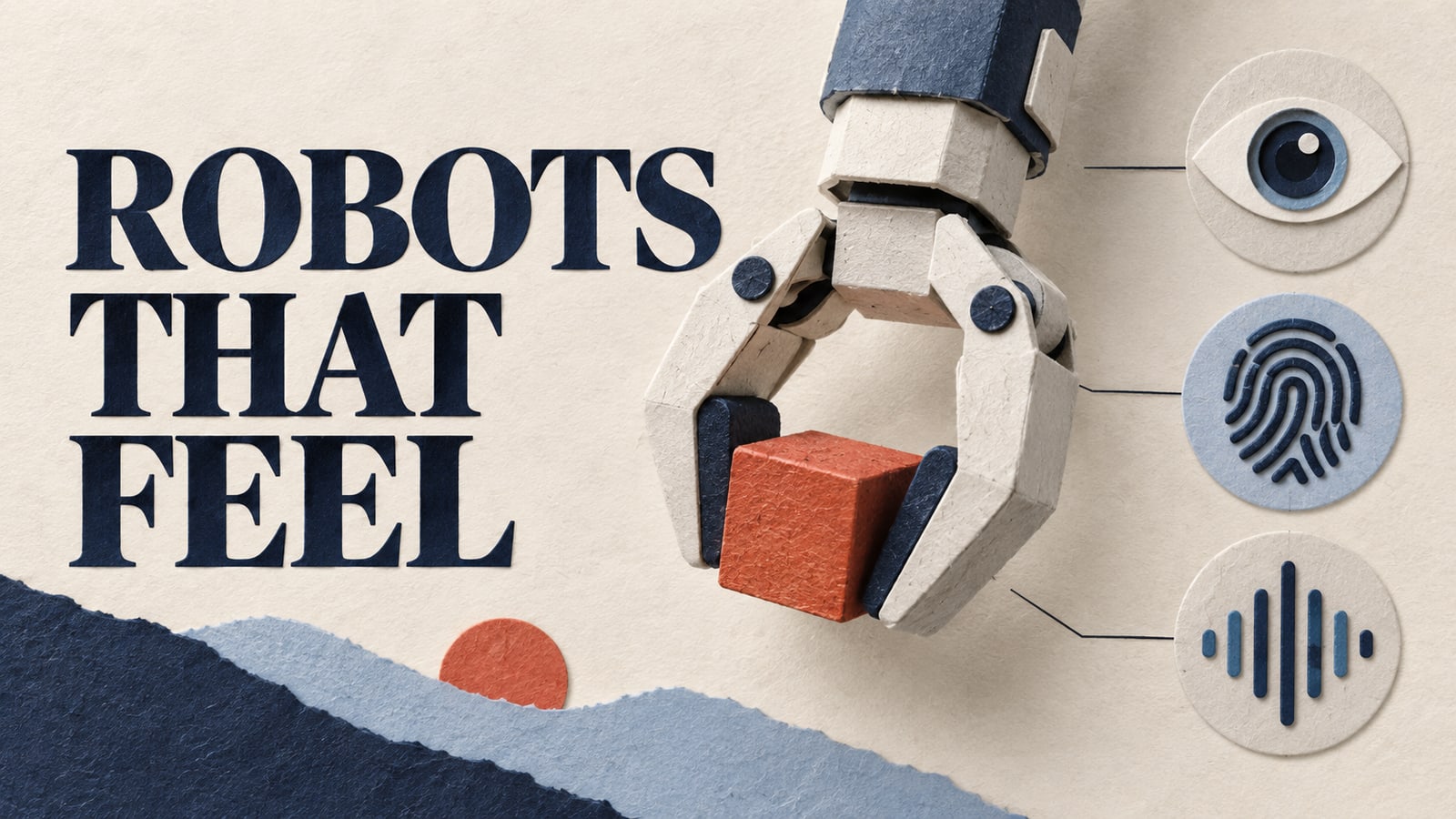 Conceptual paper collage of a robotic gripper touching a small object alongside tactile and sound-wave shapes.