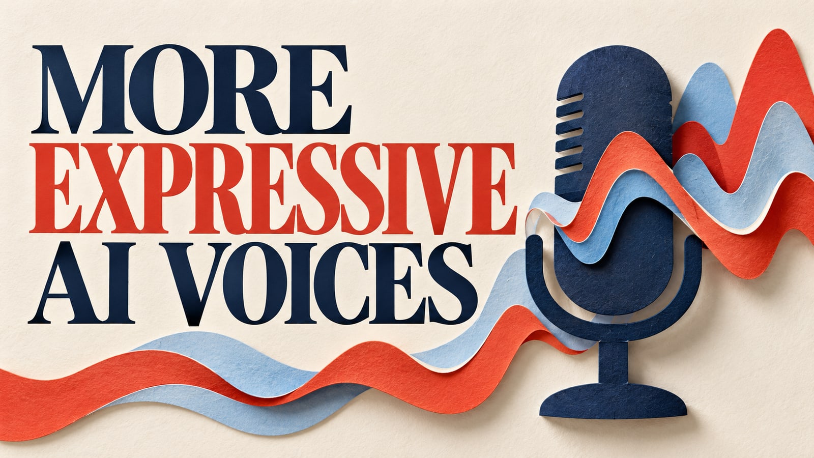 Conceptual editorial paper collage of a microphone and layered expressive audio waveforms.