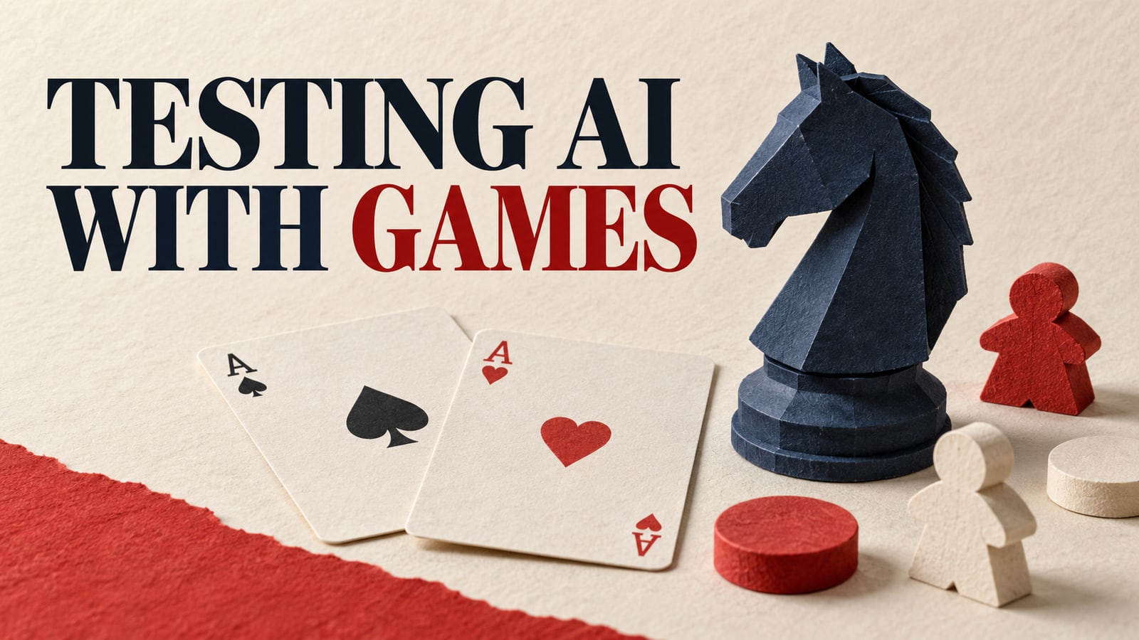 Conceptual editorial paper collage of a chess knight, playing cards and role tokens for game-based model evaluation.