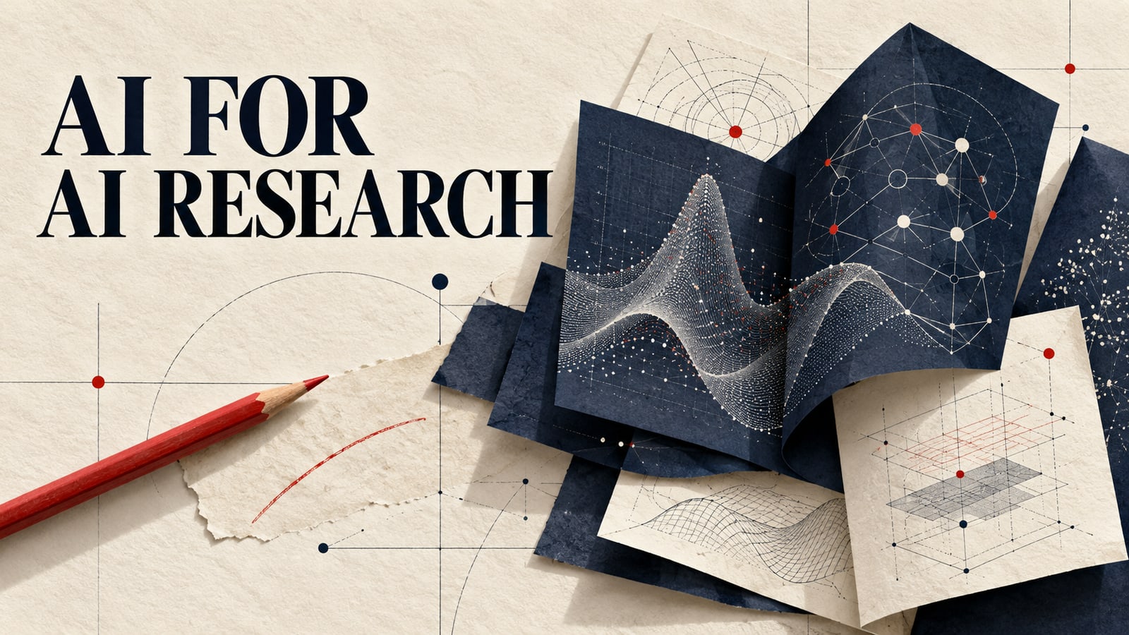 Conceptual editorial paper collage of research notes and a sparse geometric grid for AI-assisted research.