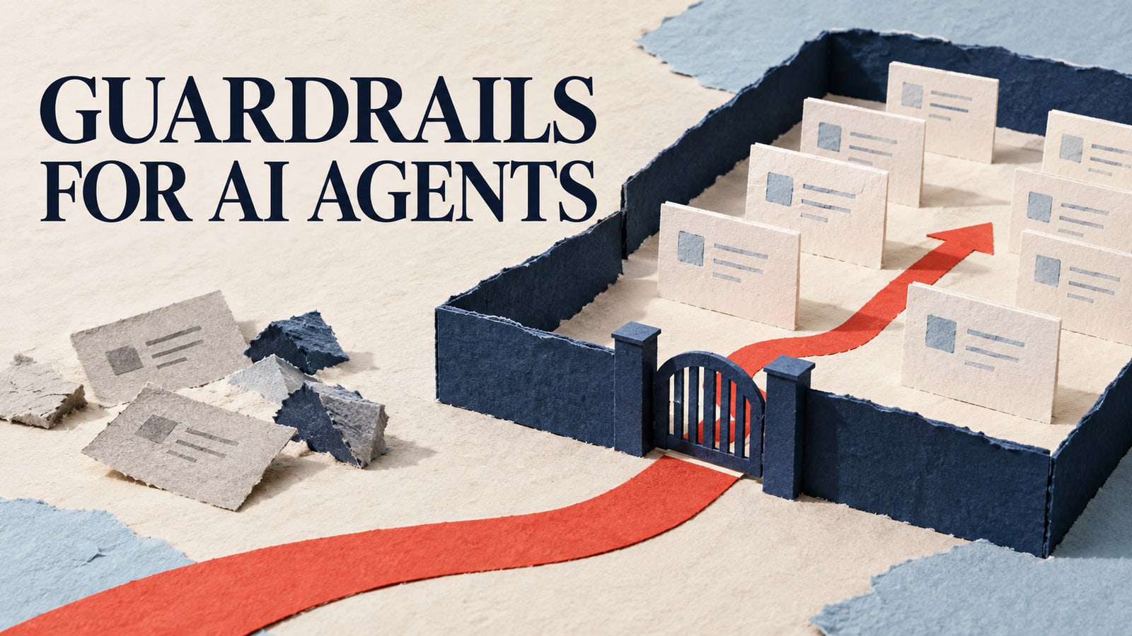 Conceptual editorial paper collage showing a protective boundary around agent task cards.