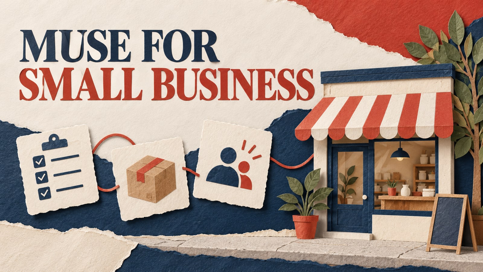 Conceptual paper collage of a small shop connected to business task cards.